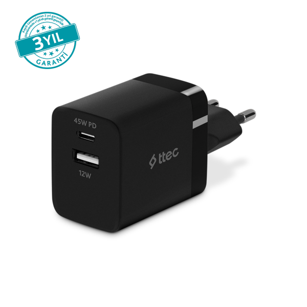 ttec SmartCharger Duo PD 45W Seyahat Hızlı Şarj Aleti USB-C+USB-A Siyah