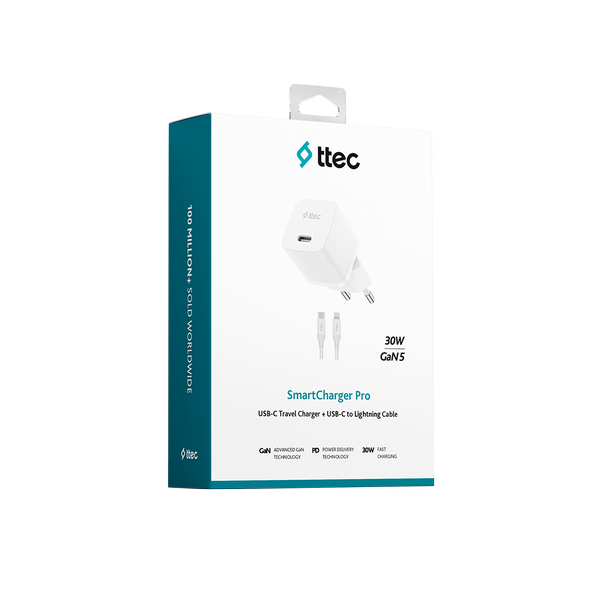 ttec SmartCharger GAN 30W PD Seyahat Hızlı Şarj Aleti + USB-C - Lightning 150cm Kablo Beyaz