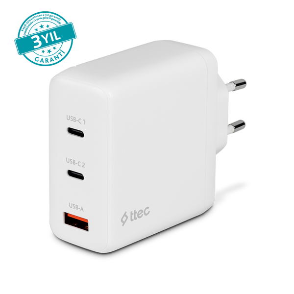 ttec SmartCharger Trio GAN 120W PD Seyahat Hızlı Şarj Aleti 2 USB-C+USB-A Beyaz