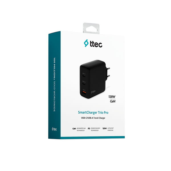 ttec SmartCharger Trio GAN 120W PD Seyahat Hızlı Şarj Aleti 2 USB-C+USB-A Siyah