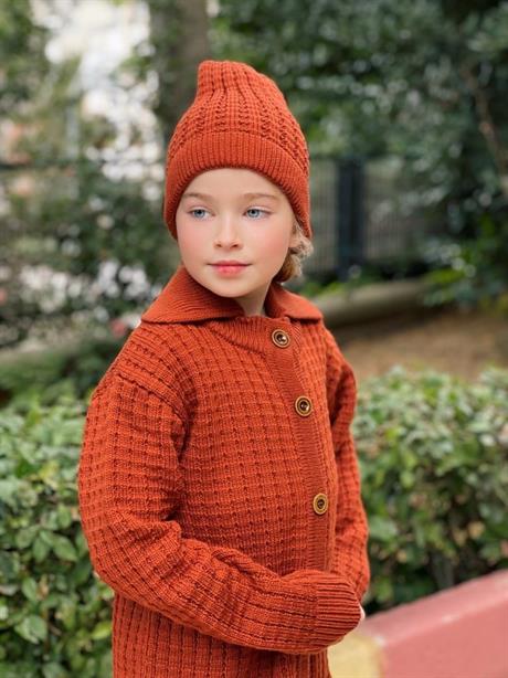Unısex Düğmeli Oversize Bordo Triko Hırka Bere 2'li Takım BORDO 4 Yaş