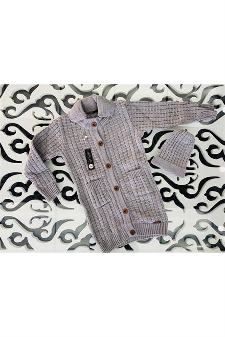 Unısex Düğmeli Oversize Uzun Triko Hırka Bere Ikili Takım GRİ 4 Yaş