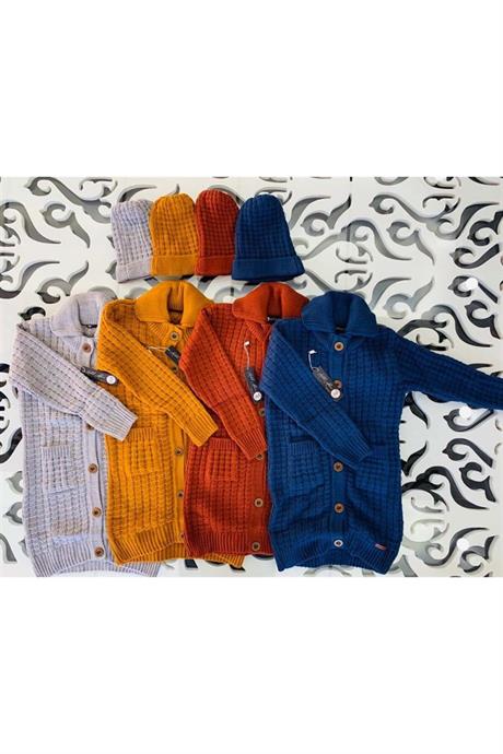 Unısex Düğmeli Oversize Uzun Triko Hırka Bere Ikili Takım GRİ 6 Yaş