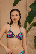 Siyah Fırça Desenli Üçgen Yüksek Bel Bikini Takımı