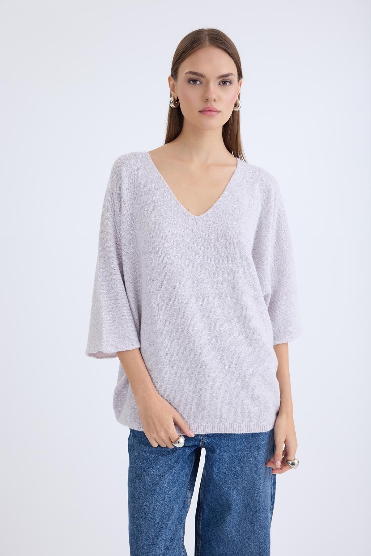 V Yaka Yarım Kol Simli Salaş Bluz