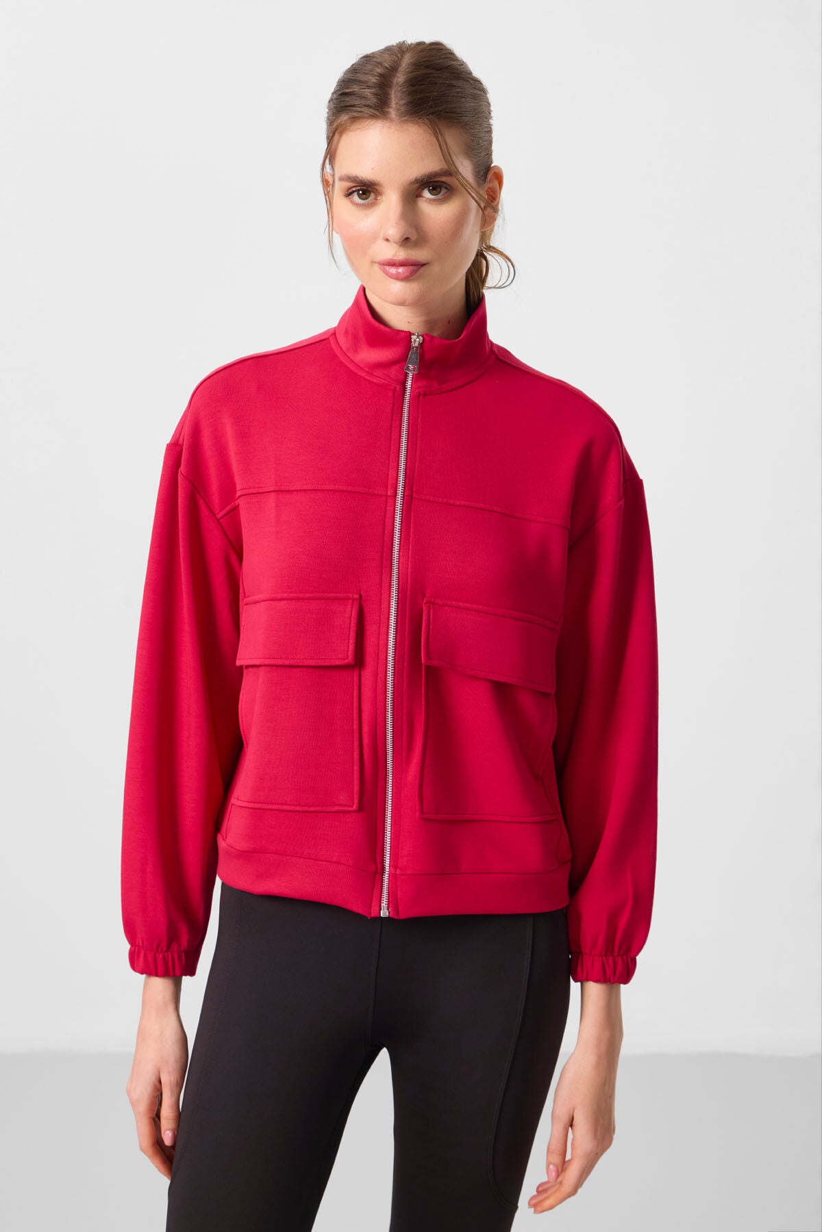 Viva Kırmızı Yumuşak Dokulu Dik Yaka Oversize Kargo Cepli Kadın Crop Top Sweatshirt - 97301