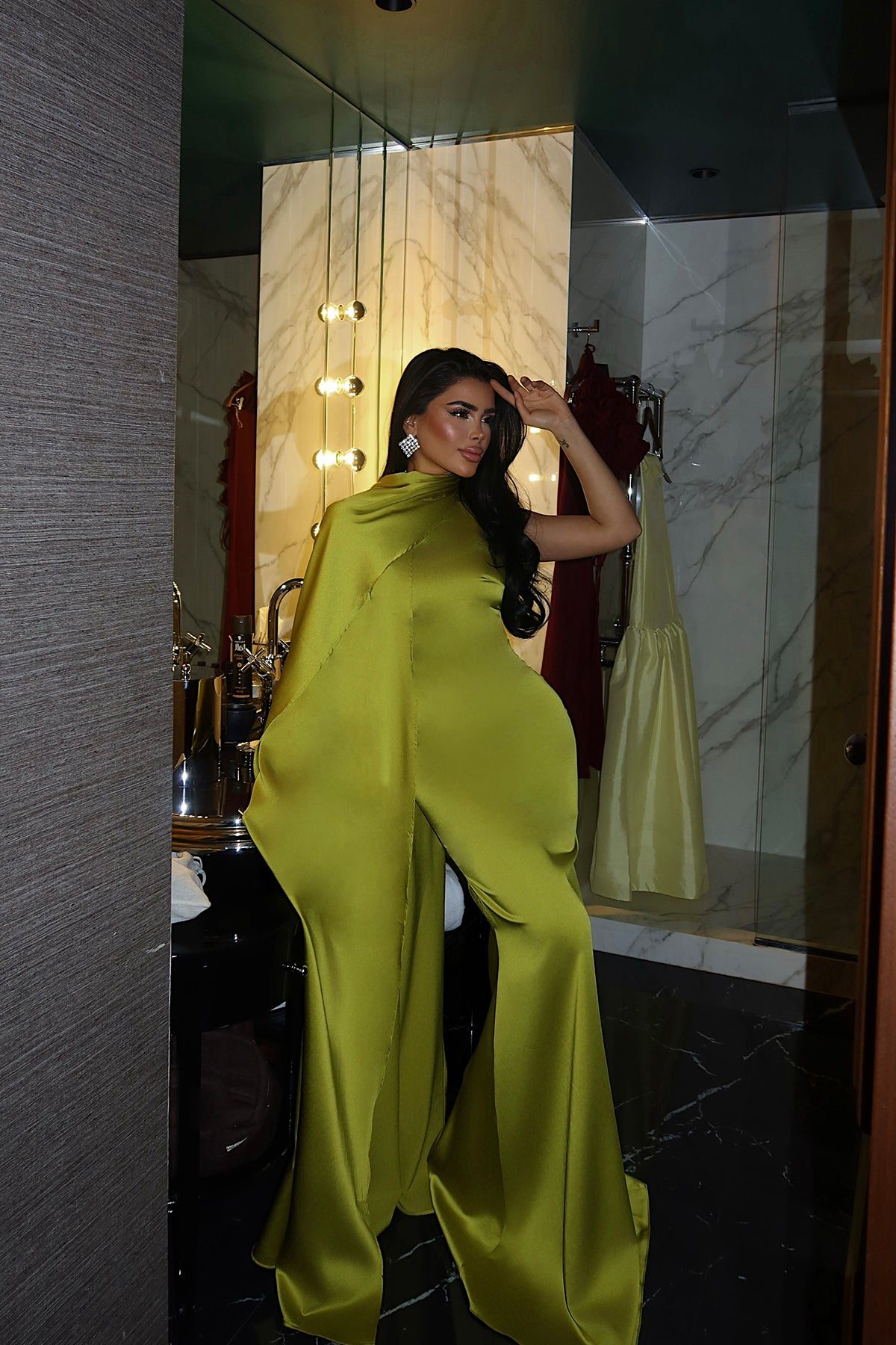 Yağ Yeşili Messcy Uzun Fularlı Elbise ATE-3992