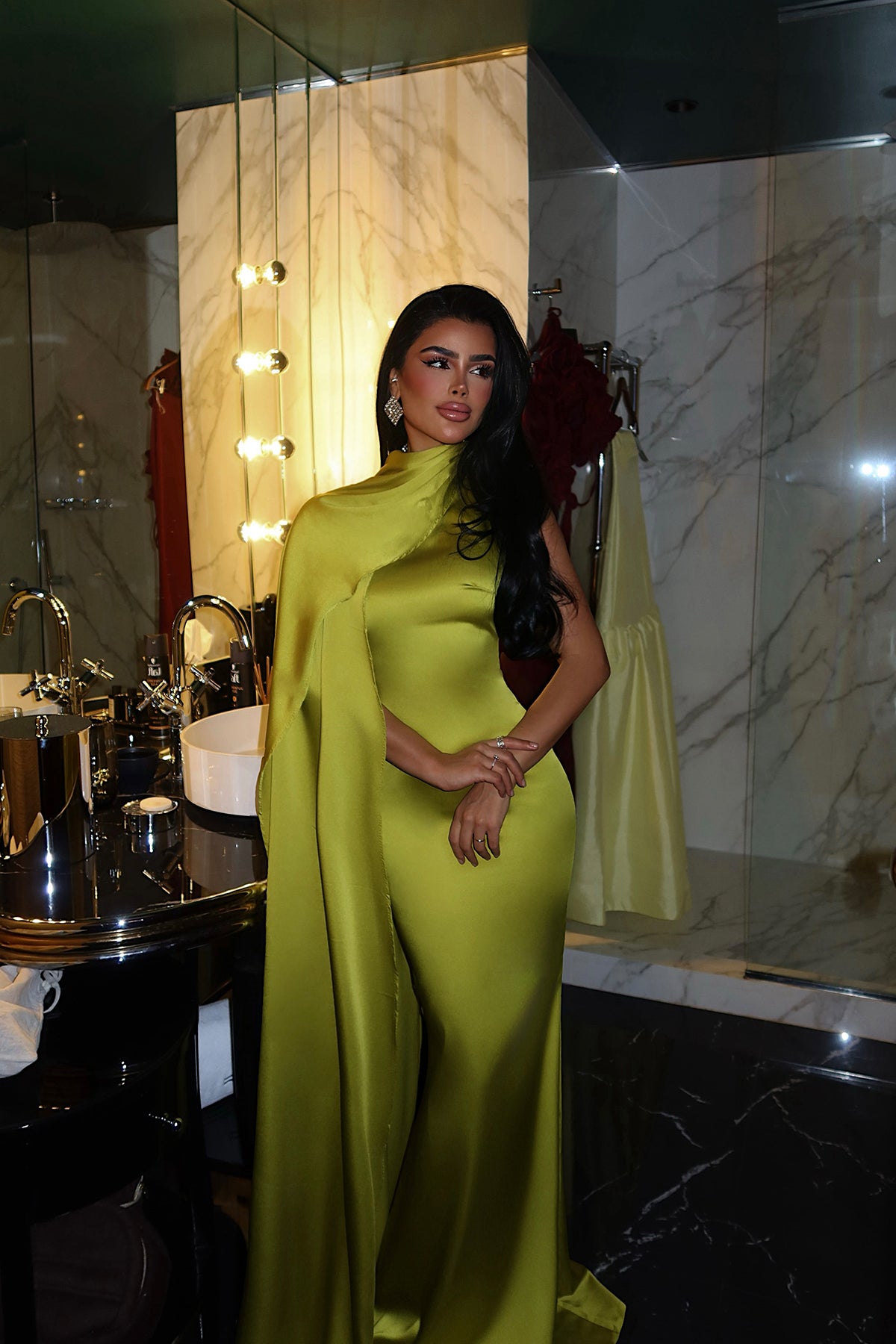 Yağ Yeşili Messcy Uzun Fularlı Elbise ATE-3992