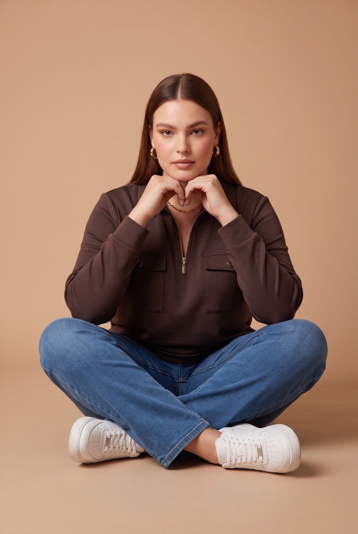 Yaka Fermuar Detaylı Büyük Beden Örme Modal Bluz Kahve