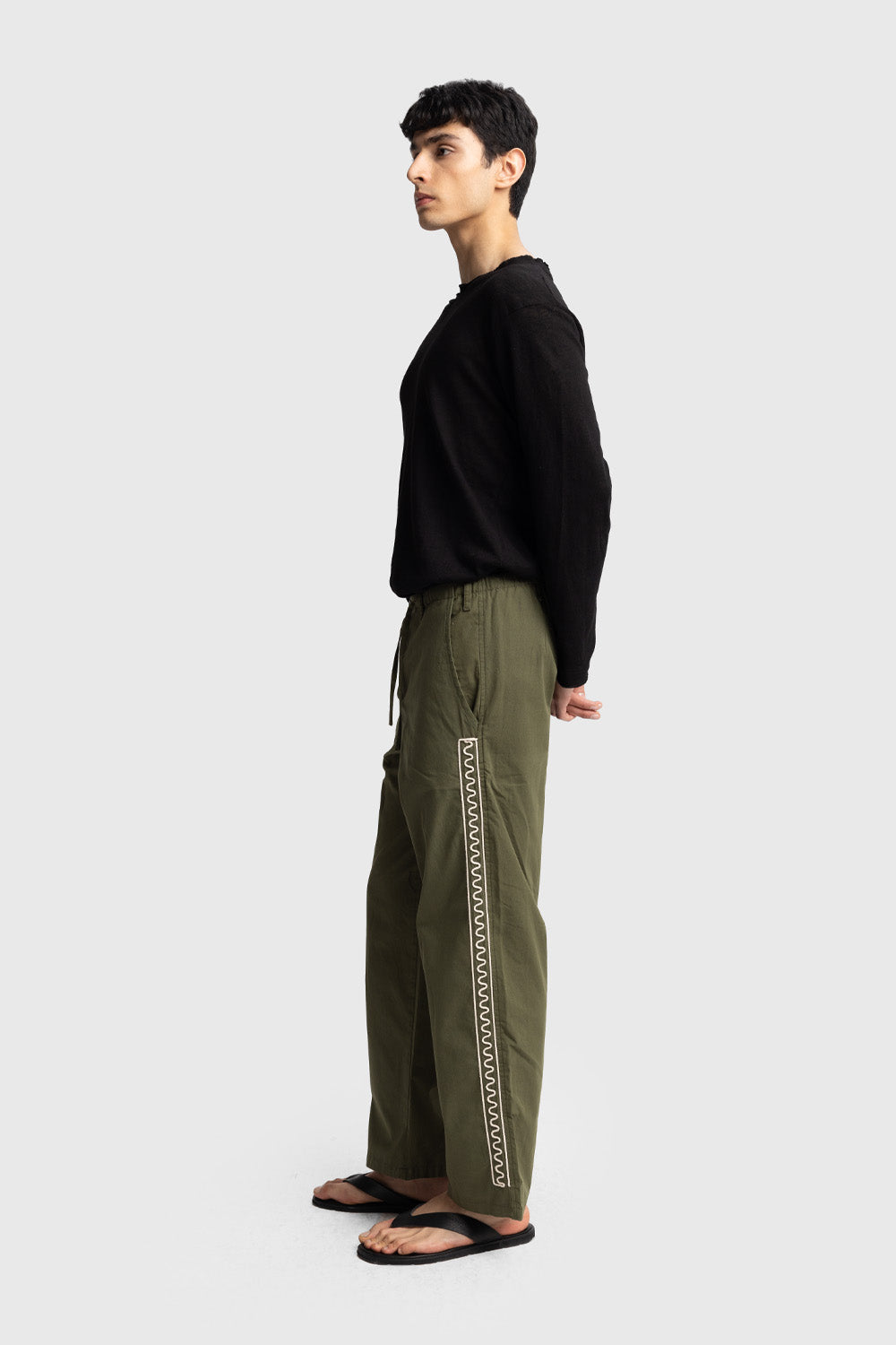 YANI İŞLEMELİ POPLIN PANTOLON - HAKİ S