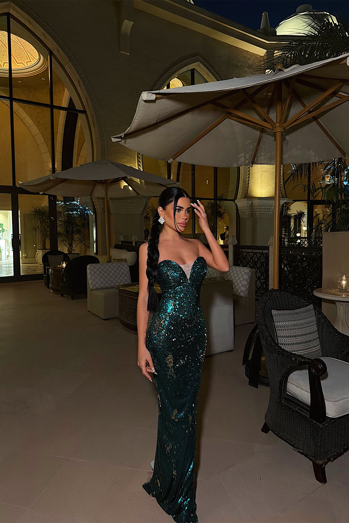 Yeşil Rococo Uzun Payetli Elbise ATE-4651