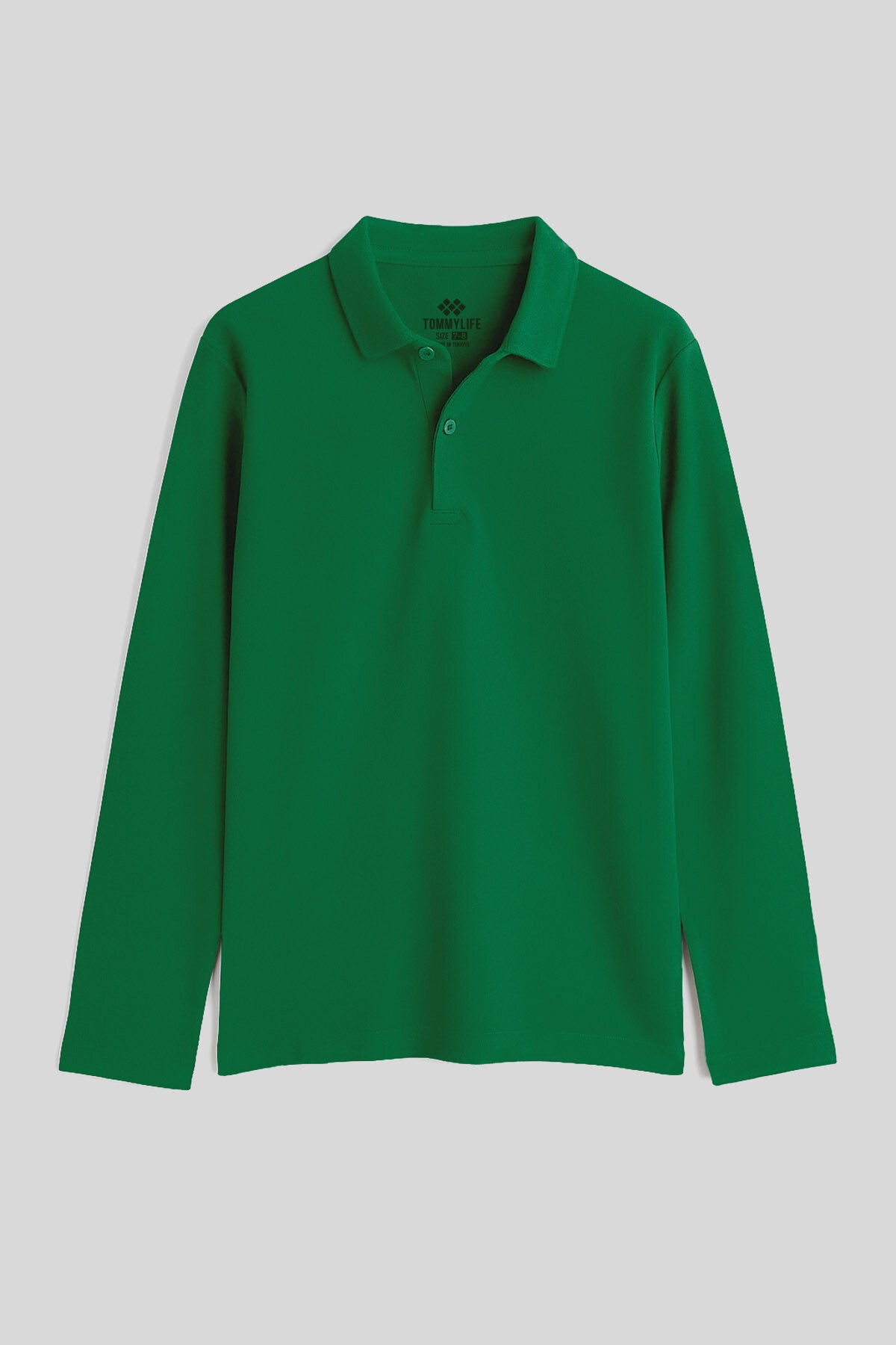 Yeşil Polo Yaka Basic Uzun Kollu Unisex Çocuk T-Shirt - 11170