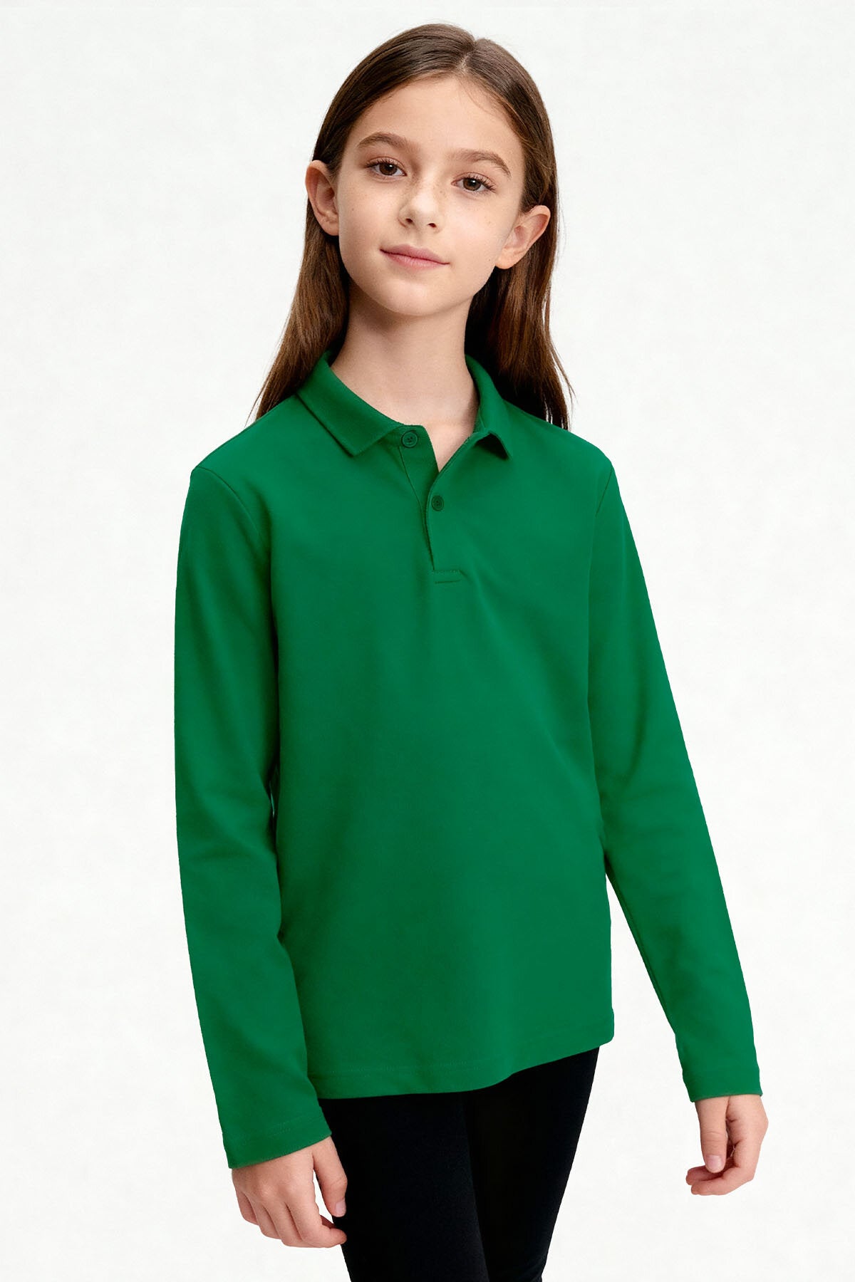 Yeşil Polo Yaka Basic Uzun Kollu Unisex Çocuk T-Shirt - 11170