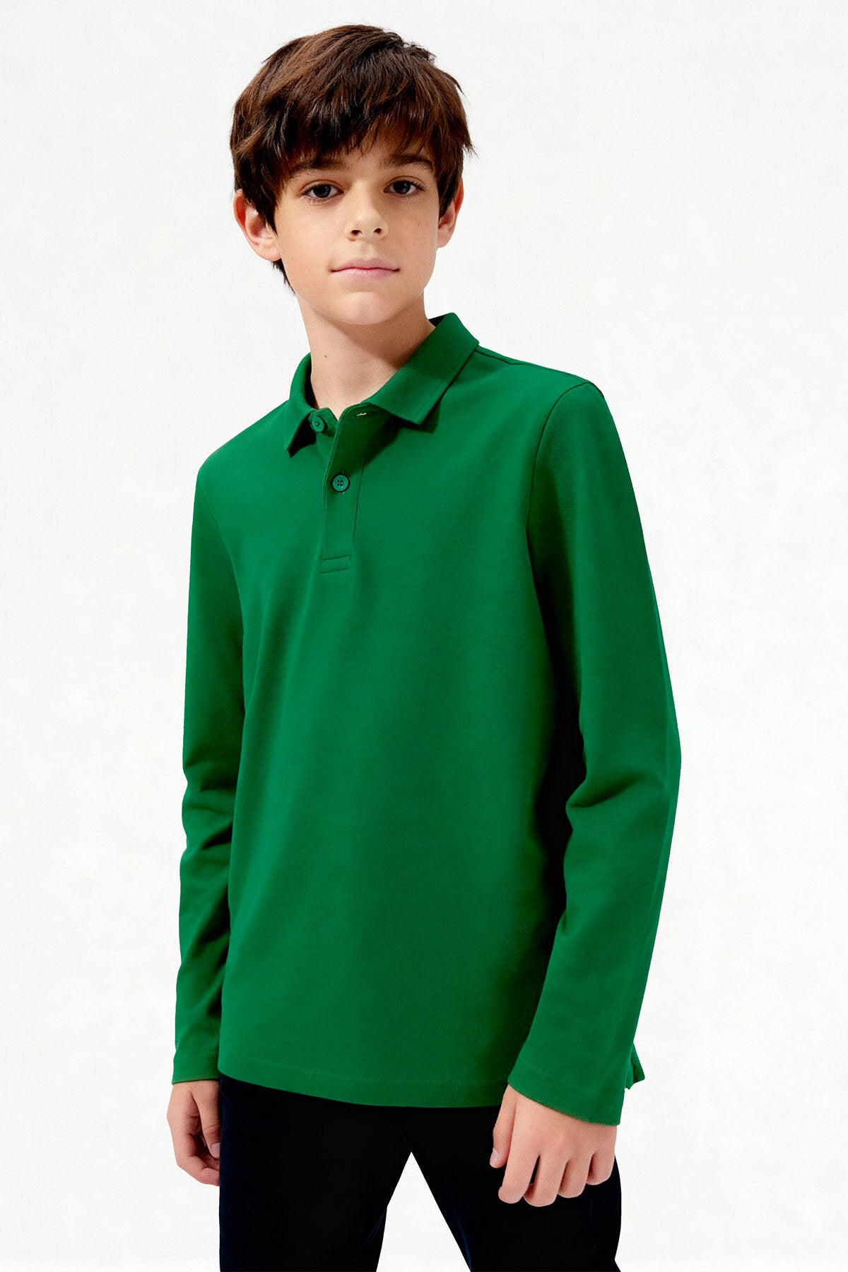 Yeşil Polo Yaka Basic Uzun Kollu Unisex Çocuk T-Shirt - 11170