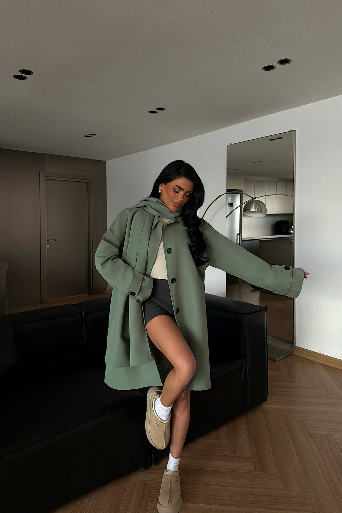 Yeşil Acler Şal Yaka Trençkot ATE-1961