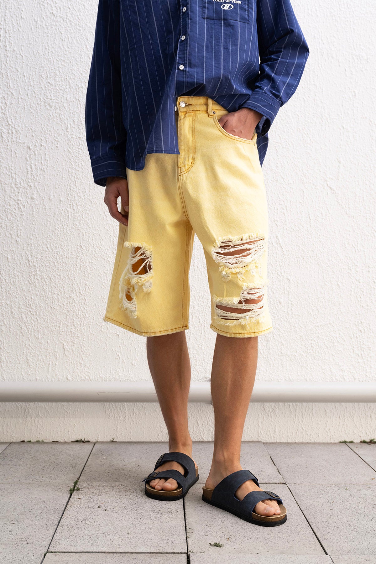 YIRTIKLI JEAN SARI ŞORT - SARI XXL