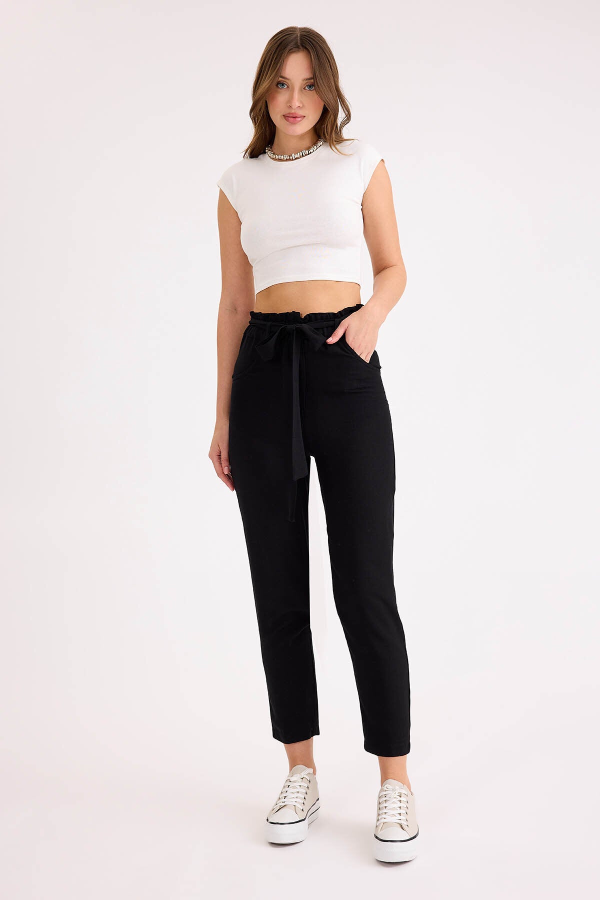 Yüksek Bel Kuşaklı Viskon Keten Pantolon