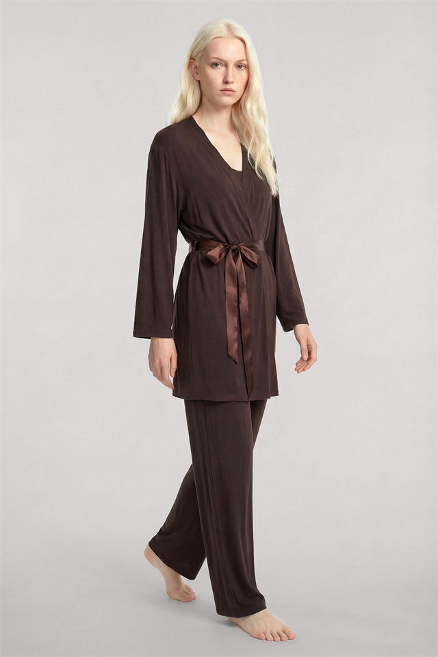 Yumuşak Dokulu Dökümlü Kısa Kimono Kahve